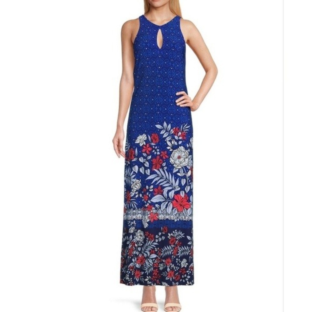Tommy Bahama Womens M Blue Floral Maxi Dress Tassel Tie Stretch Tropical Resort